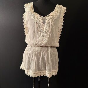 American Rag Ivory Sheer Sleeveless Blouse with Crochet Detail